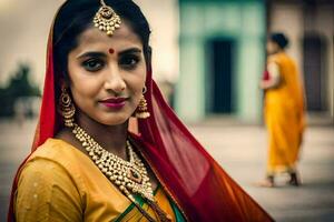 une magnifique Indien femme dans traditionnel tenue. généré par ai photo