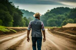 une homme dans une chapeau et gilet en marchant vers le bas une saleté route. généré par ai photo