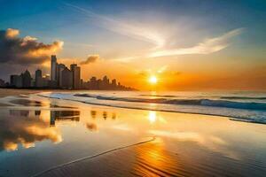 le Soleil ensembles plus de le ville horizon dans Dubai. généré par ai photo