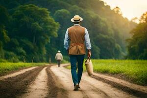 une homme dans une chapeau et gilet en marchant vers le bas une saleté route. généré par ai photo