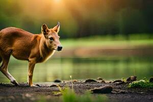 une cerf des stands sur le rive de une lac. généré par ai photo