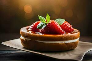 une fraise dessert sur une en bois plaque. généré par ai photo