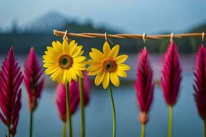 Jaune fleurs et violet les plantes dans de face de une lac. généré par ai photo