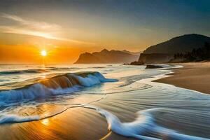 le Soleil monte plus de le océan vagues sur le plage. généré par ai photo