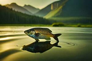 une poisson est permanent sur le l'eau dans de face de une Montagne. généré par ai photo