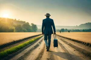 une homme dans une costume et chapeau en marchant vers le bas une saleté route. généré par ai photo