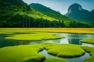 le vert herbe et l'eau dans le montagnes. généré par ai photo