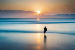 une homme permanent sur le plage à le coucher du soleil. généré par ai photo