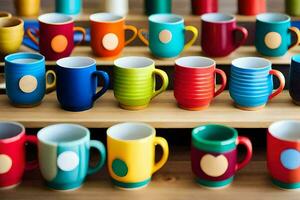 coloré des tasses sur une étagère. généré par ai photo