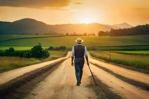 une homme en marchant vers le bas une saleté route avec une canne. généré par ai photo