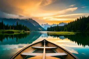 le bateau est sur le Lac à le coucher du soleil. généré par ai photo