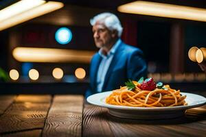 une homme dans une costume est en portant une assiette de spaghetti. généré par ai photo