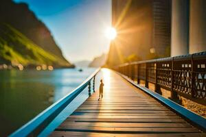 une en bois pont plus de une corps de l'eau avec le Soleil brillant. généré par ai photo