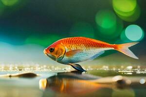 une poisson est permanent sur le l'eau avec une vert Contexte. généré par ai photo