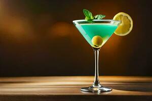 bleu cocktail avec citron et menthe sur une en bois tableau. généré par ai photo