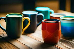 coloré café tasses sur une en bois tableau. généré par ai photo