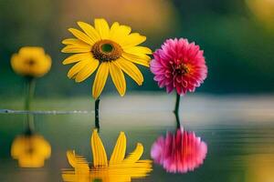 Trois fleurs sont réfléchi dans le l'eau. généré par ai photo