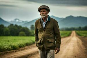 un vieux homme permanent sur une saleté route avec montagnes dans le Contexte. généré par ai photo