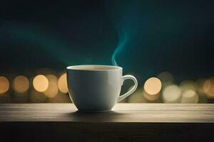 une tasse de café sur une en bois table avec une flou Contexte. généré par ai photo