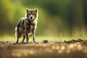 une Loup permanent sur le sol dans le les bois. généré par ai photo