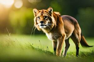 une Lion est en marchant par le herbe. généré par ai photo