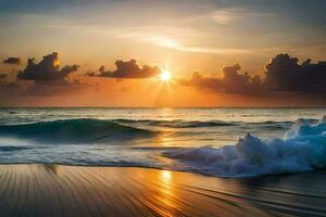 le Soleil monte plus de le océan et vagues. généré par ai photo