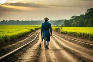 une homme dans une bleu costume des promenades vers le bas une saleté route. généré par ai photo