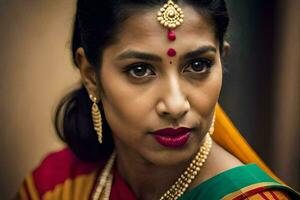 une femme portant une sari et bijoux. généré par ai photo