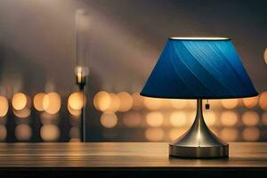 une bleu lampe sur une table dans de face de une flou Contexte. généré par ai photo