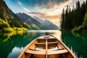 une canoë est flottant sur une Lac à le coucher du soleil. généré par ai photo