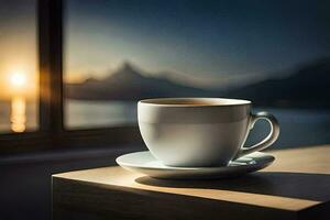 une tasse de café sur une table dans de face de une la fenêtre. généré par ai photo