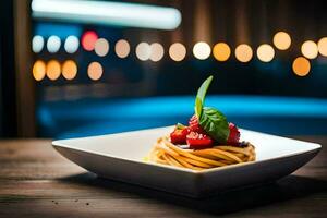 une assiette de spaghetti avec une tomate sauce et basilic feuilles. généré par ai photo