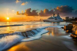 une yacht est amarré à le plage pendant le coucher du soleil. généré par ai photo