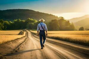 une homme dans une chapeau et bretelles en marchant vers le bas une saleté route. généré par ai photo