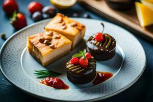 une assiette avec Trois desserts et une couteau. généré par ai photo