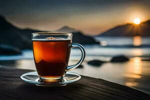 une tasse de thé sur une en bois table avec le Soleil réglage derrière il. généré par ai photo