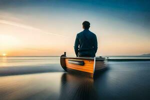 une homme séance dans une bateau sur le océan à le coucher du soleil. généré par ai photo