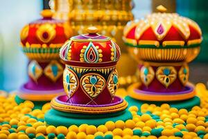 coloré décorations sur une table avec Jaune et rouge des sucreries. généré par ai photo