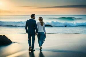 une homme et femme en marchant sur le plage à le coucher du soleil. généré par ai photo
