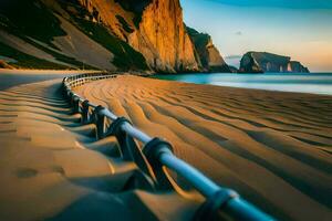 une longue exposition photographier de une plage avec une balustrade. généré par ai photo