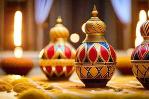 Trois coloré des vases sur une table avec bougies. généré par ai photo