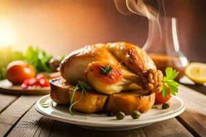 une rôti poulet sur une assiette avec des légumes et tomates. généré par ai photo