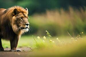 une Lion en marchant dans le herbe. généré par ai photo