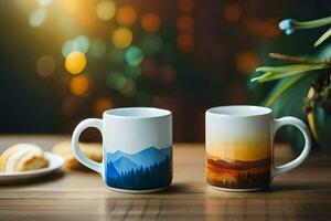 deux café des tasses avec montagnes sur eux. généré par ai photo