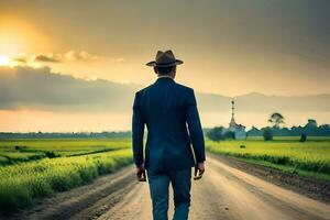 une homme dans une costume et chapeau des promenades vers le bas une saleté route. généré par ai photo