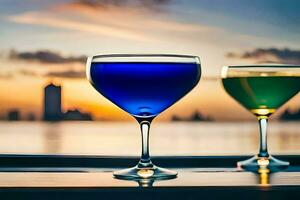 deux coloré des cocktails asseoir sur une table dans de face de une ville ligne d'horizon. généré par ai photo