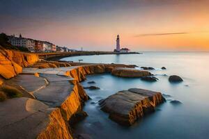 une phare des stands sur le rive de une corps de l'eau. généré par ai photo