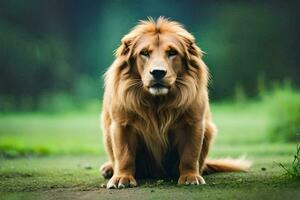 une Lion séance sur le sol dans le herbe. généré par ai photo