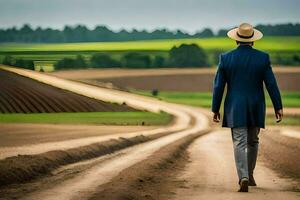 une homme dans une costume et chapeau des promenades vers le bas une saleté route. généré par ai photo