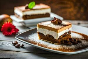 deux pièces de Chocolat gâteau sur une plaque. généré par ai photo